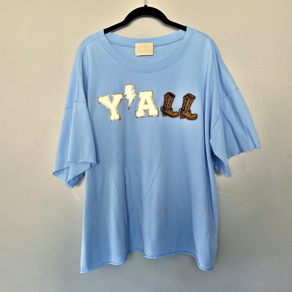 Judith March Y’all Graphic Short Sleeve Sweatshirt Pullover Blue Large